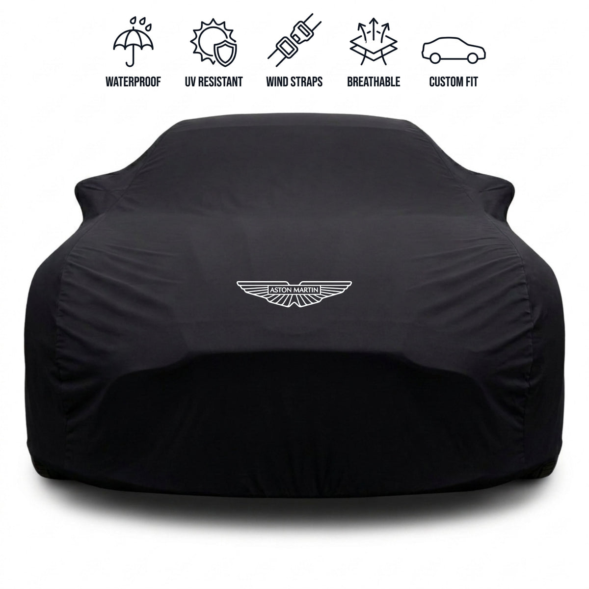 Aston Martin outdoor car cover in black with custom logo – waterproof and tailored fit