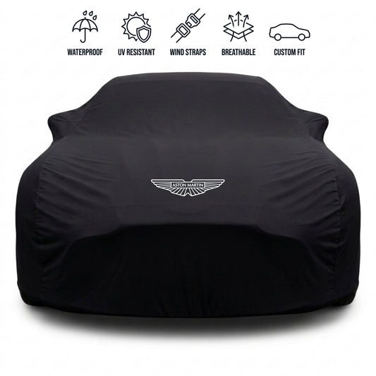 Aston Martin outdoor car cover in black with custom logo – waterproof and tailored fit