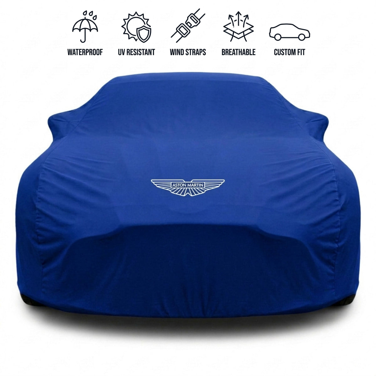 Aston Martin outdoor car cover in blue with custom logo – waterproof and tailored fit