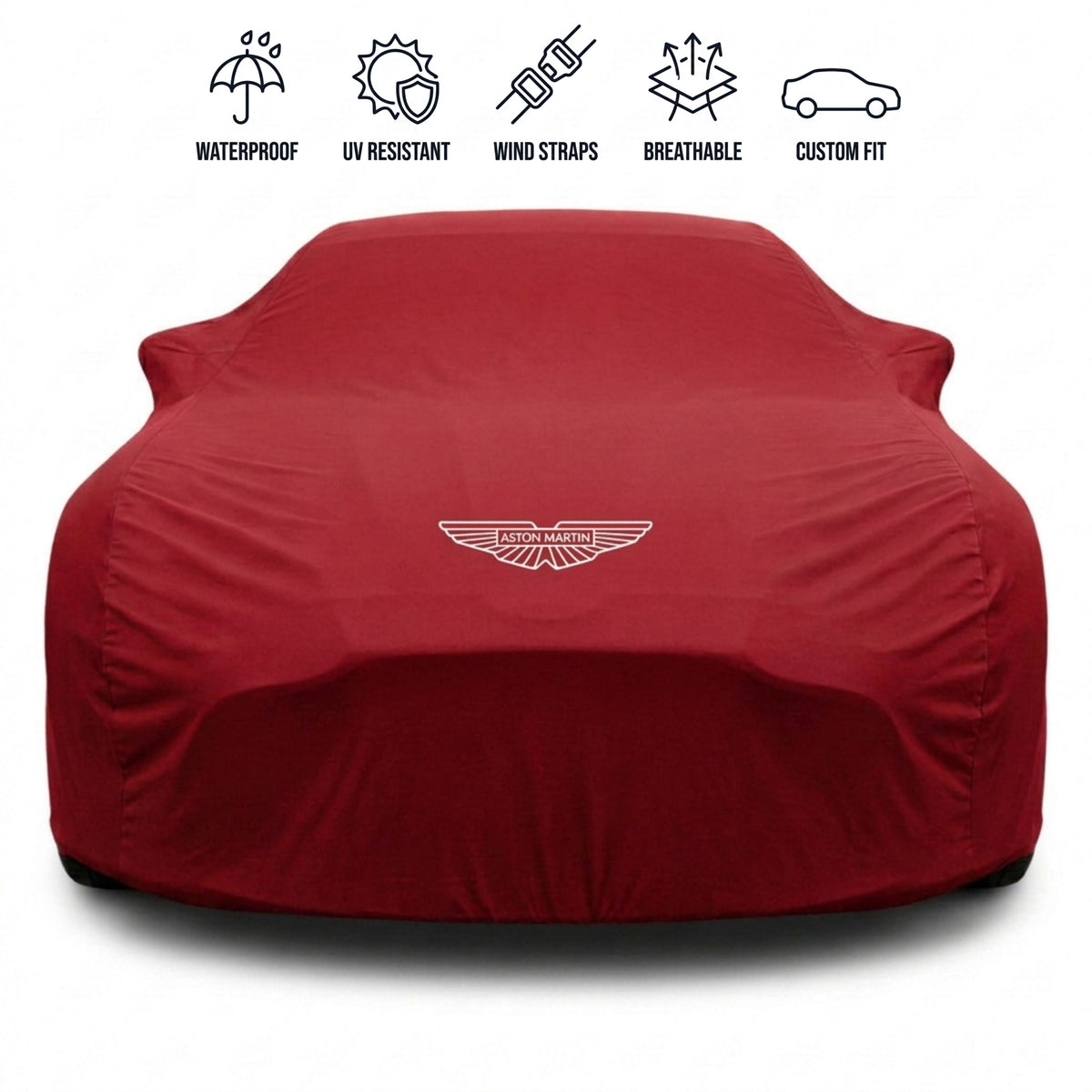 Aston Martin outdoor car cover in red with custom logo – waterproof and tailored fit