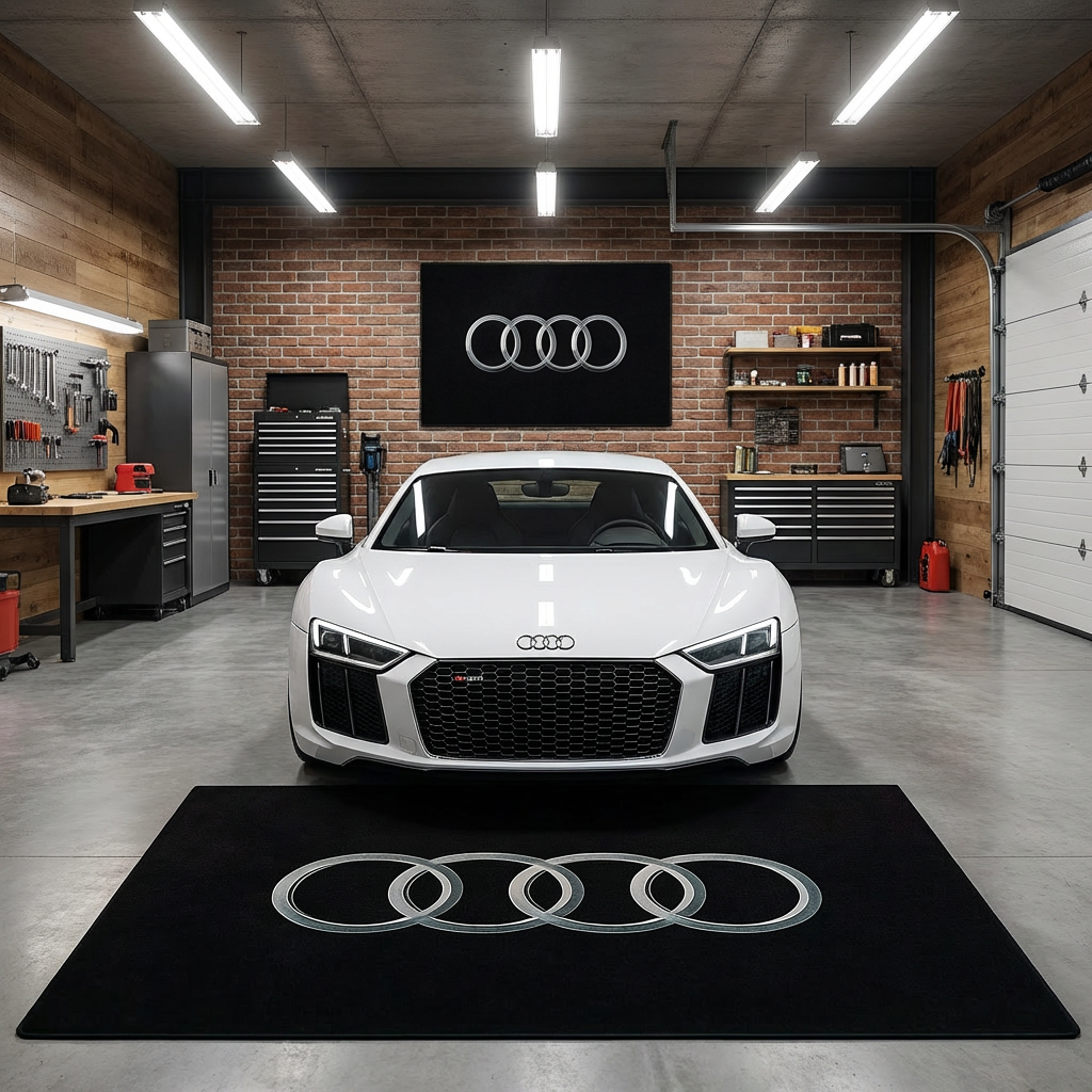 Large Audi four rings logo floor rug, 150x220cm (approx. 5x7ft), with non-slip backing, displayed in a minimalist modern British workshop.