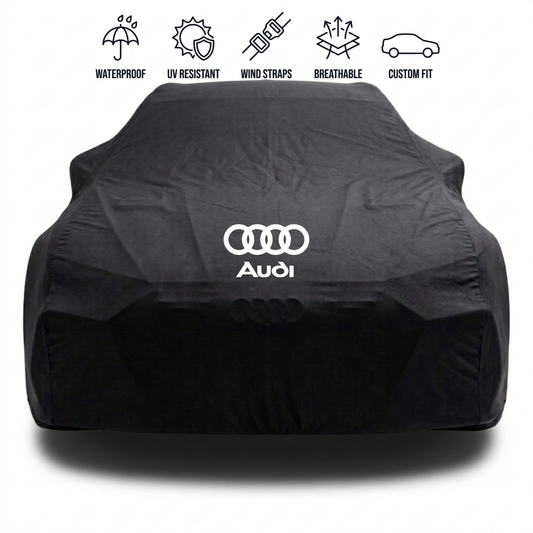 Audi outdoor car cover in black with custom logo – waterproof and tailored fit