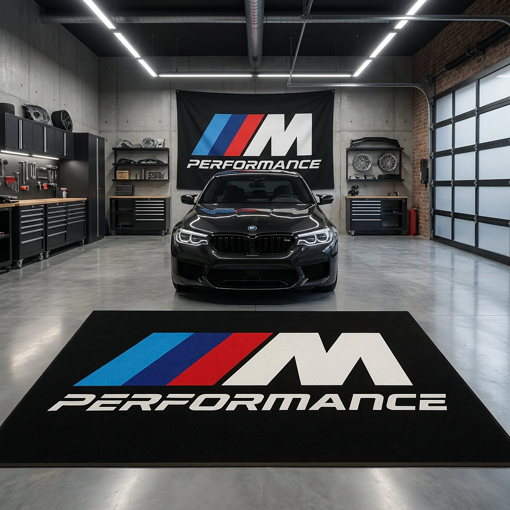 Large BMW M Power logo floor rug, 150x220cm (approx. 5x7ft), with non-slip backing, featuring the iconic tri-colour stripes in a modern British garage.