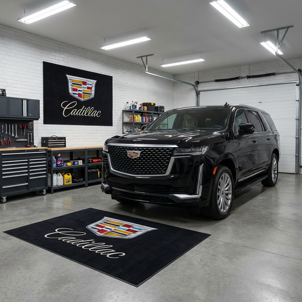 Large Cadillac crest logo floor rug, 150x220cm (approx. 5x7ft), with non-slip backing, displayed in a high-end modern garage.