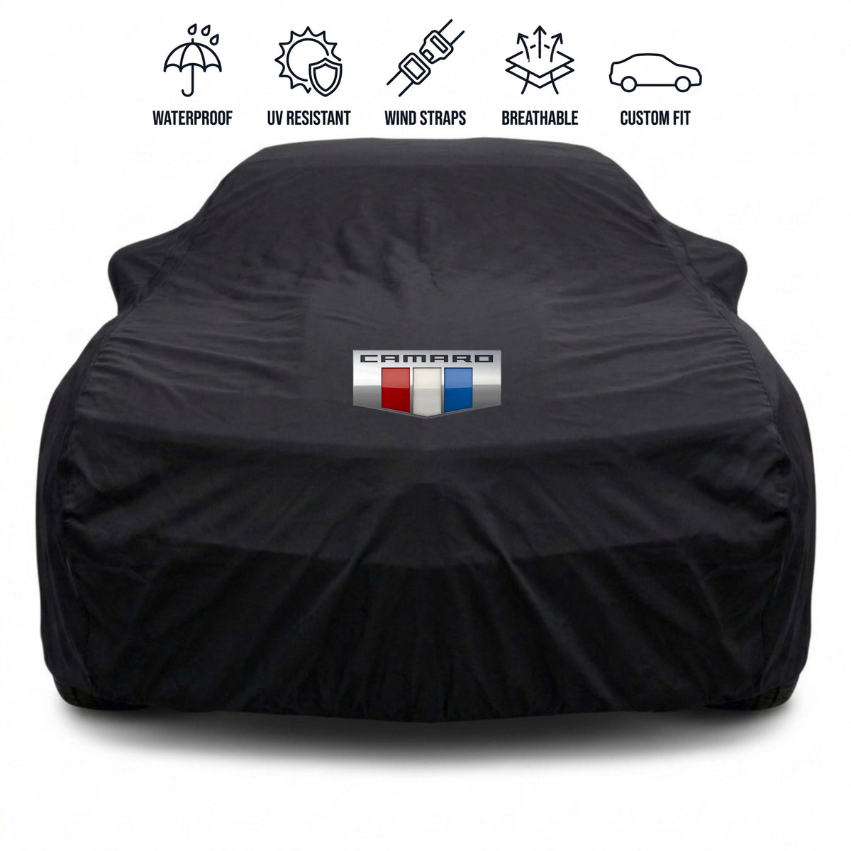 Chevrolet Camaro outdoor car cover in black with custom logo – waterproof and tailored fit