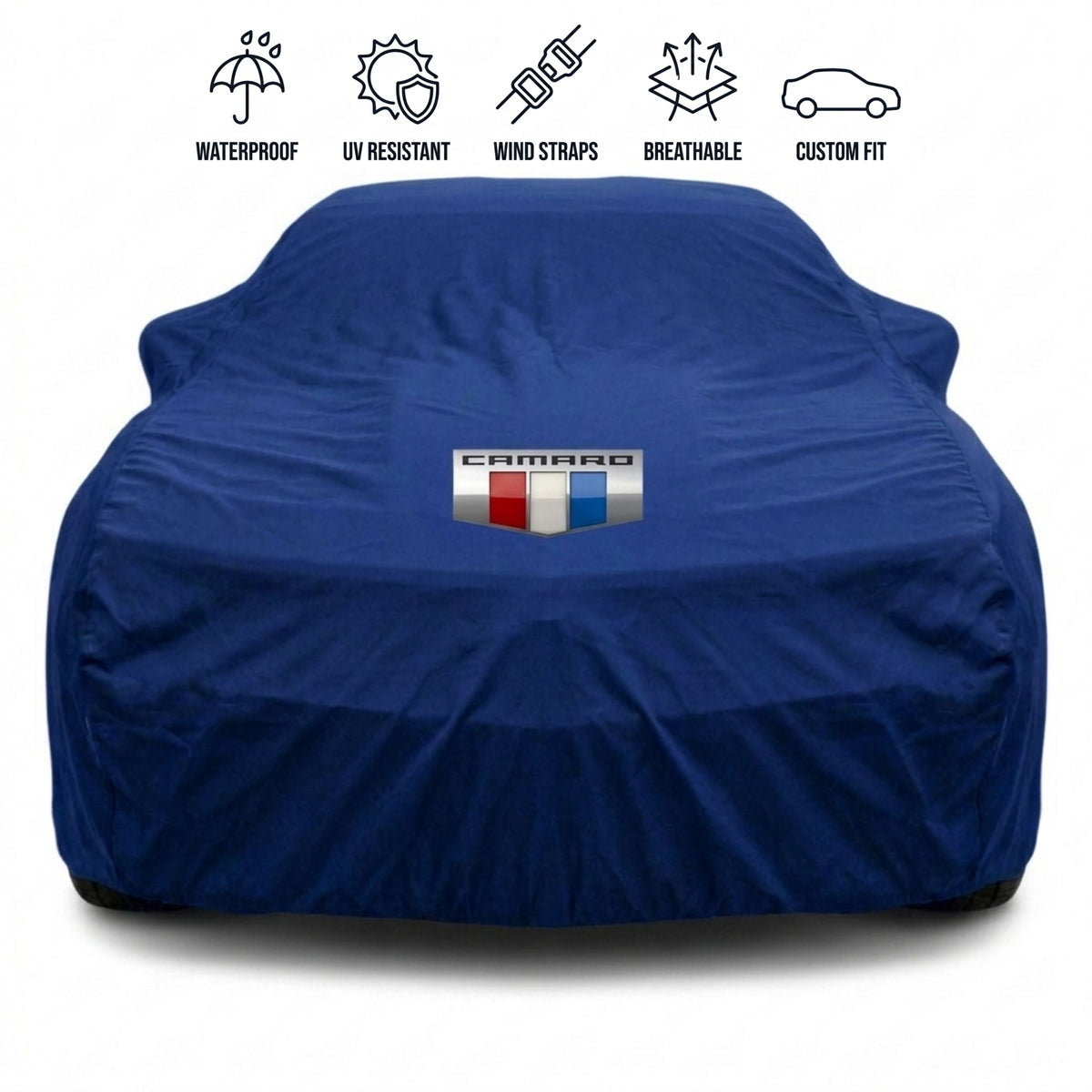 Chevrolet Camaro outdoor car cover in blue with custom logo – waterproof and tailored fit