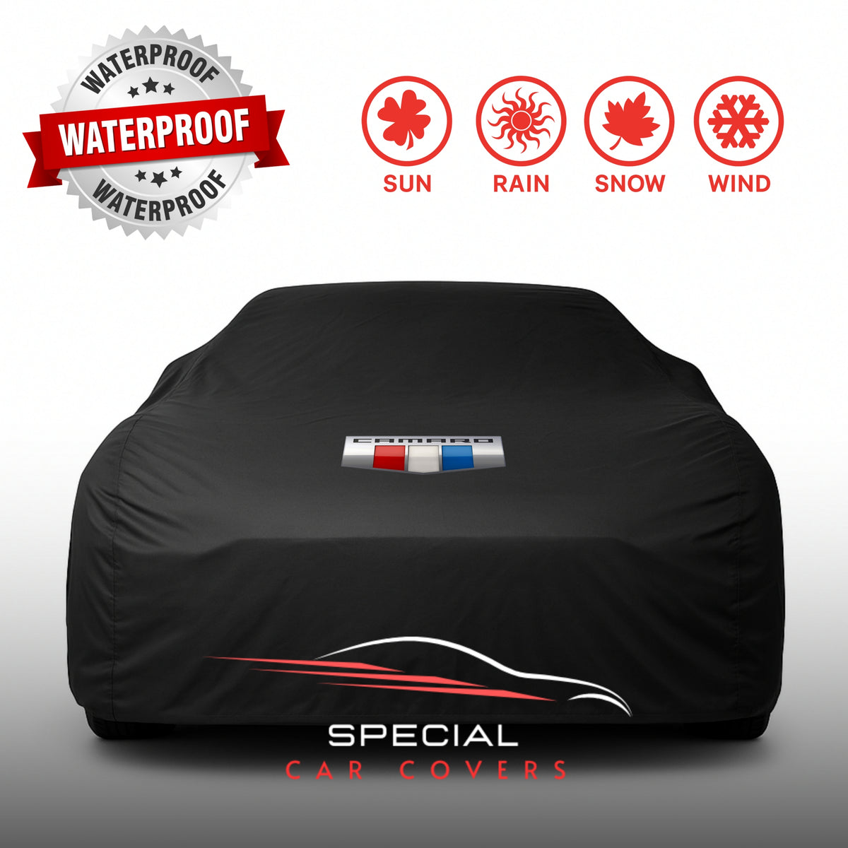 Chevrolet Camaro fitted with a waterproof custom-fit outdoor car cover on a UK driveway