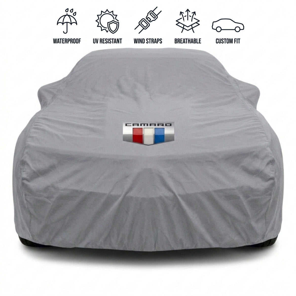 Chevrolet Camaro outdoor car cover in grey with custom logo – waterproof and tailored fit