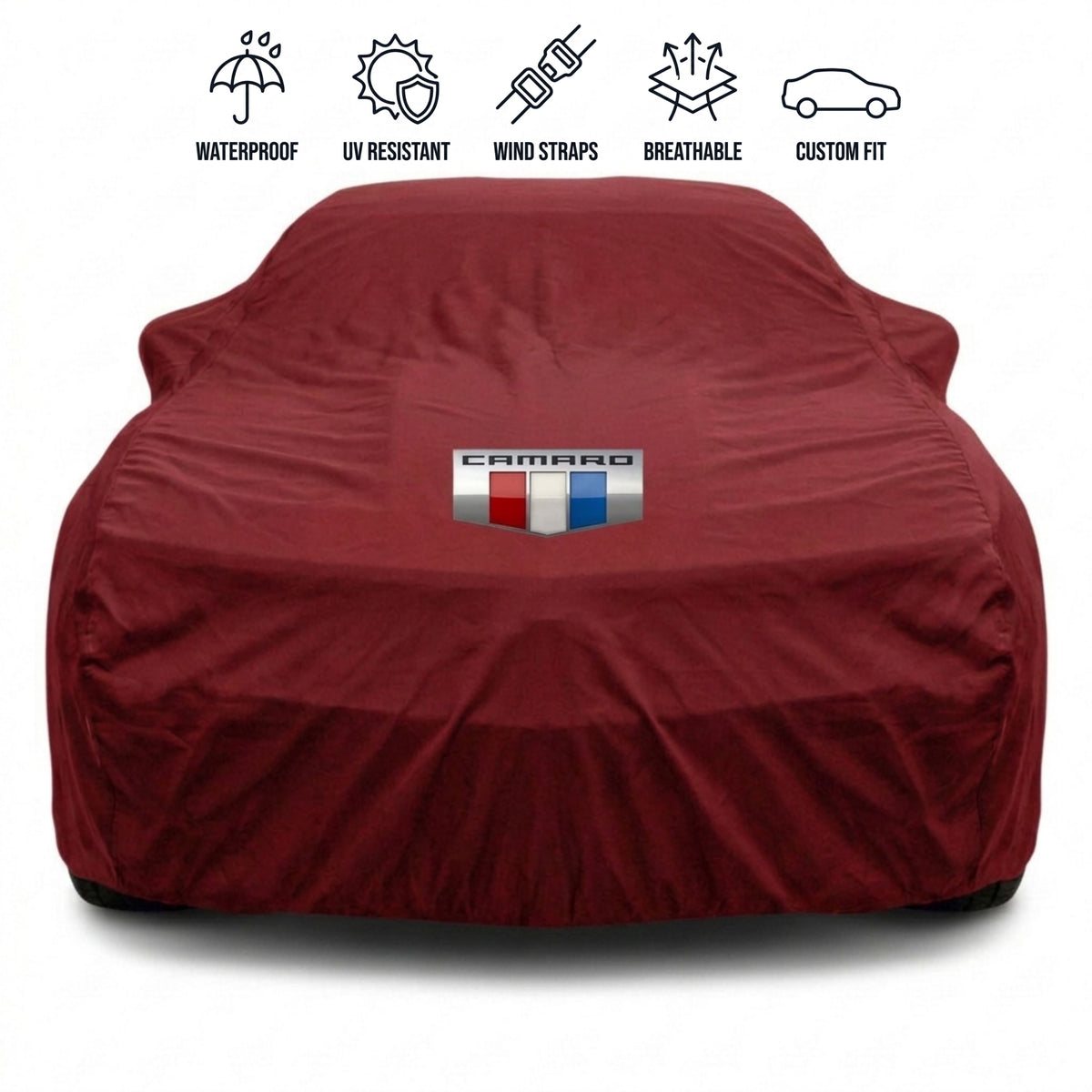 Chevrolet Camaro outdoor car cover in red with custom logo – waterproof and tailored fit