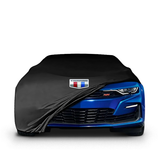 Chevrolet Camaro (2016–present) fitted with a bespoke indoor car cover in a UK garage