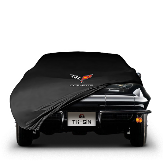 Black custom-fit indoor car cover for Corvette C2 1963–1967 with Corvette logo