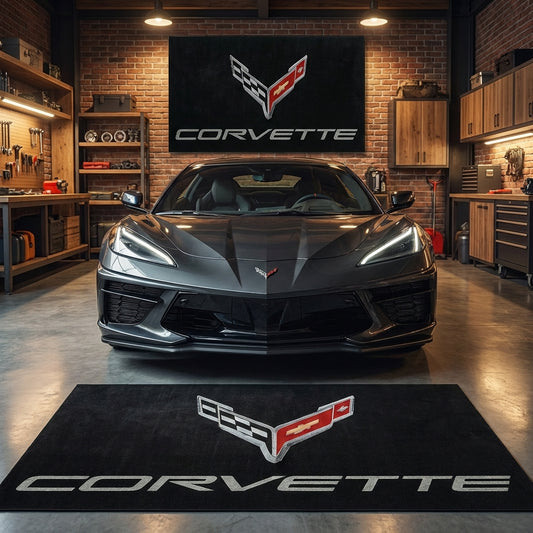 Large 152x221cm (150x220cm) Corvette logo floor rug with non-slip backing in a professional UK garage setting.