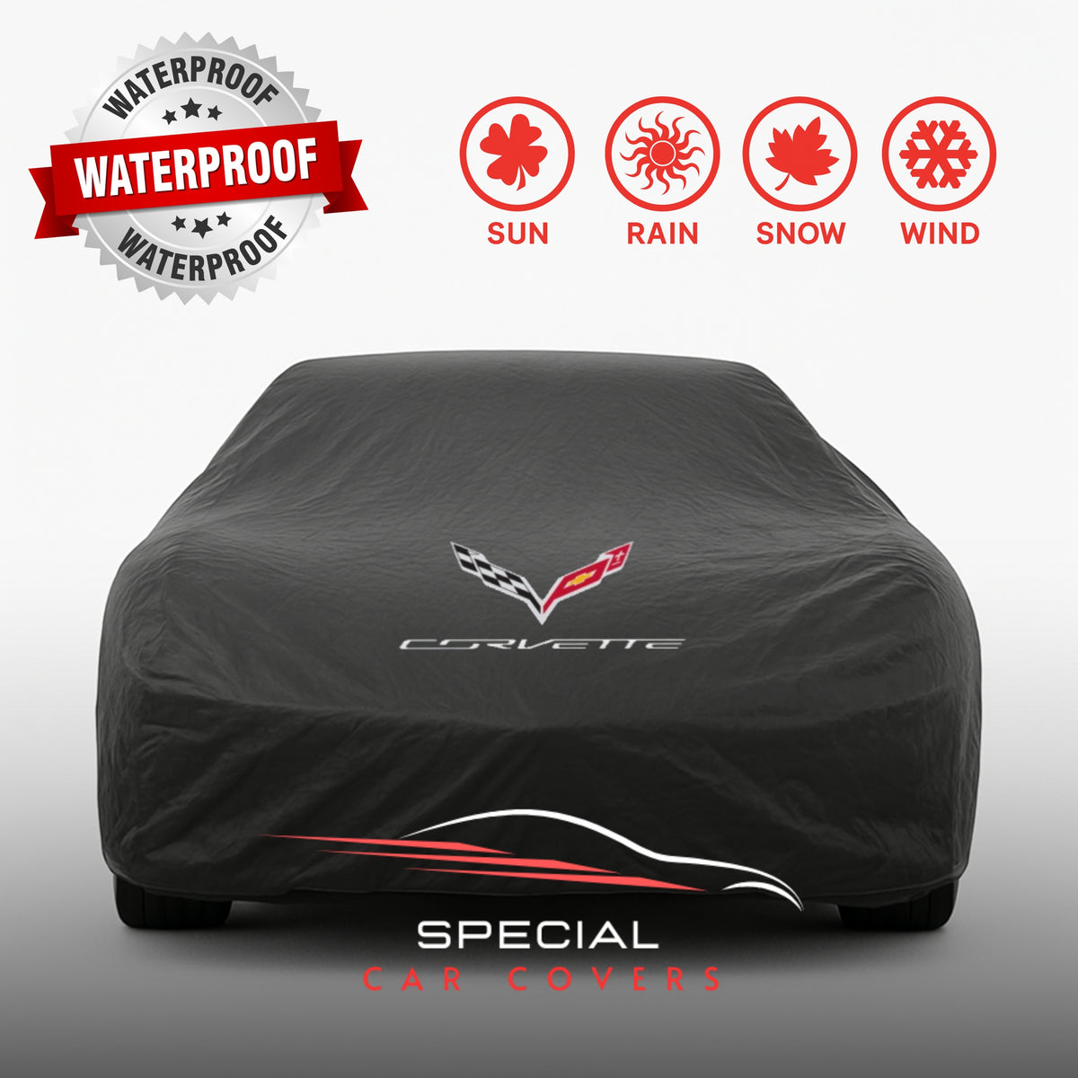 Chevrolet Corvette fitted with a waterproof custom-fit outdoor car cover on a UK driveway
