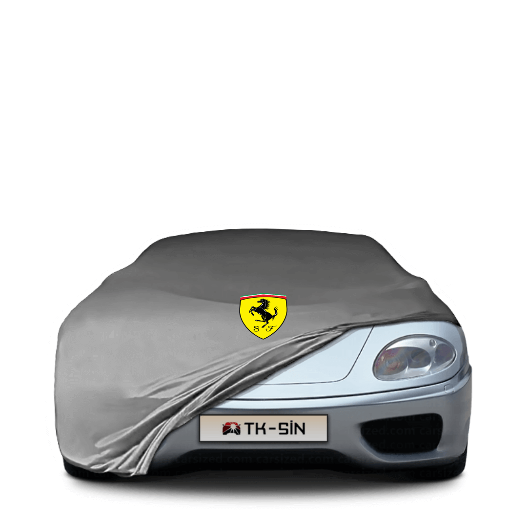 Ferrari 360 Modena (1999–2004) fitted with a bespoke indoor car cover in a UK garage