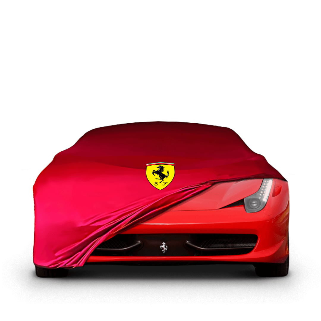 Ferrari 458 fitted with a bespoke indoor car cover in a UK garage
