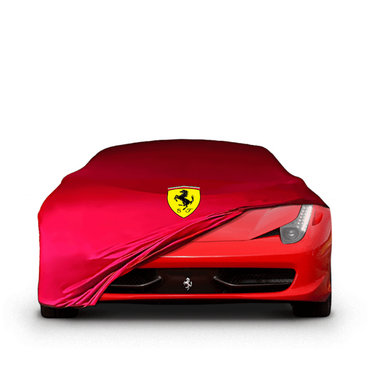 Ferrari 458 fitted with a bespoke indoor car cover in a UK garage