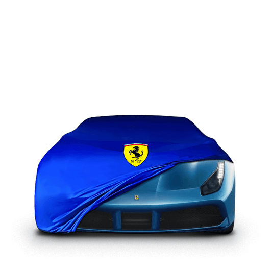 Ferrari 488 fitted with a bespoke indoor car cover in a UK garage