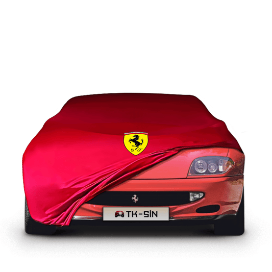 Ferrari 550 fitted with a bespoke indoor car cover in a UK garage