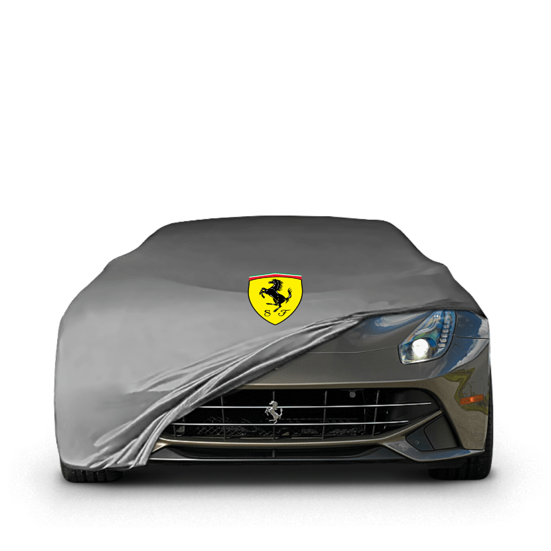 Ferrari F12berlinetta fitted with a bespoke indoor car cover in a UK garage