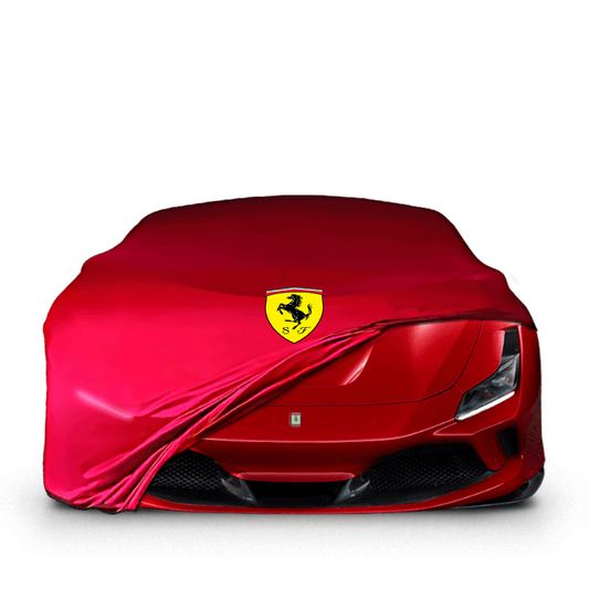 Ferrari F8 fitted with a bespoke indoor car cover in a UK garage