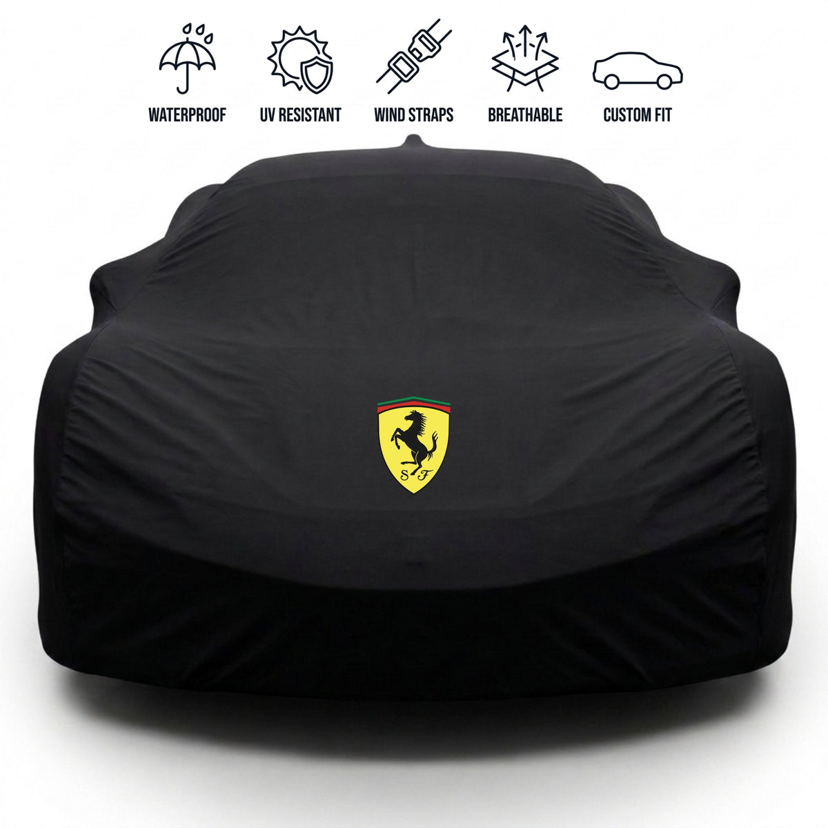 Ferrari outdoor car cover in black with custom logo – waterproof and tailored fit