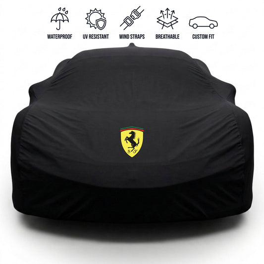 Ferrari outdoor car cover in black with custom logo – waterproof and tailored fit