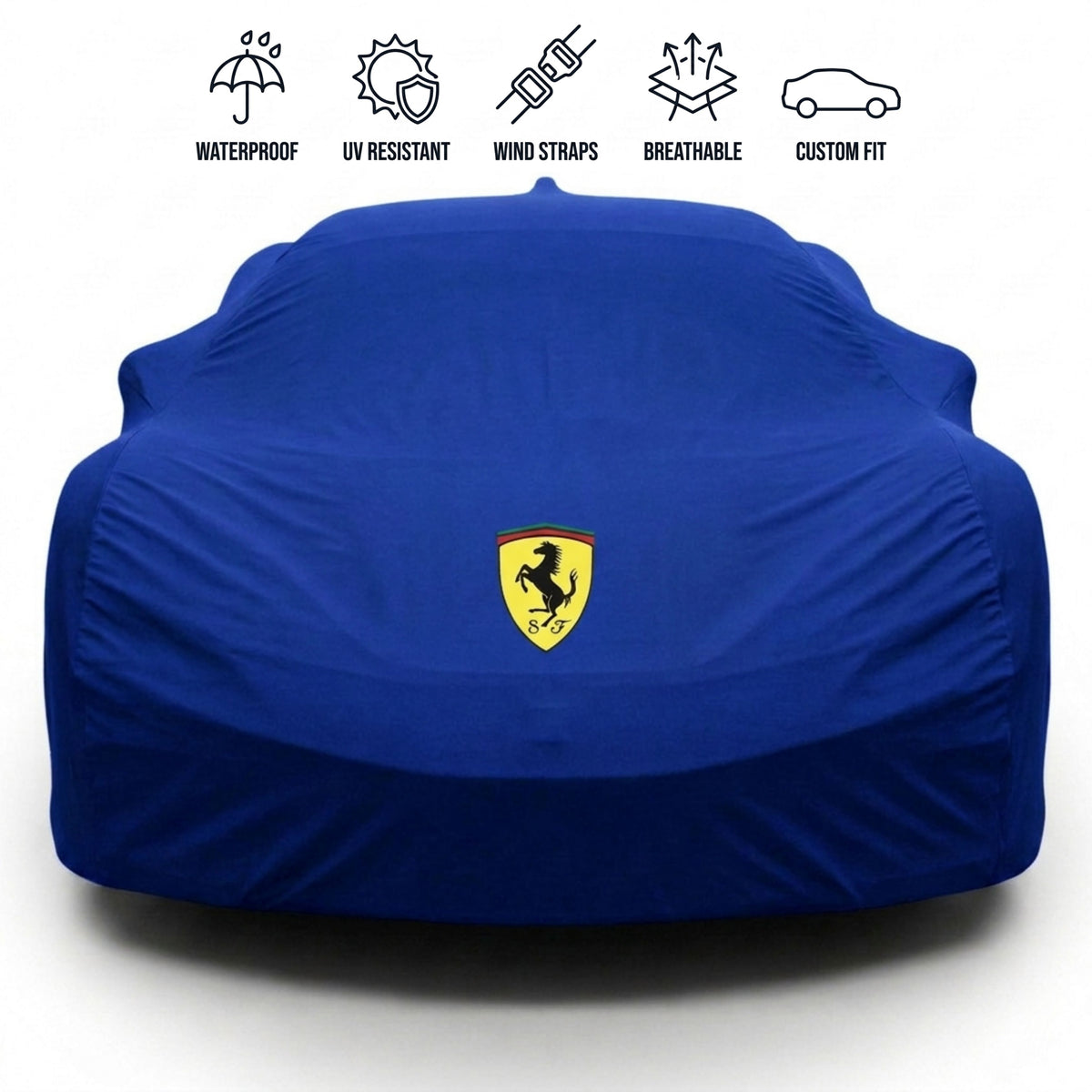 Ferrari outdoor car cover in blue with custom logo – waterproof and tailored fit