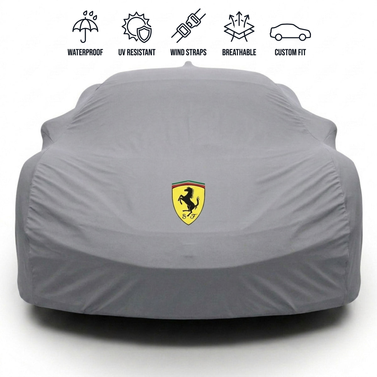 Ferrari outdoor car cover in grey with custom logo – waterproof and tailored fit