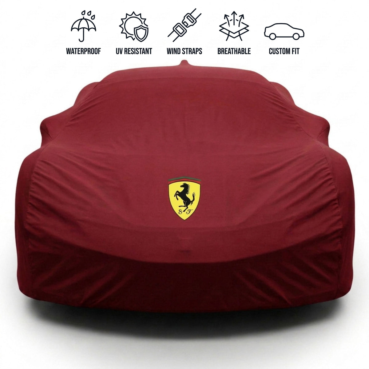 Ferrari outdoor car cover in red with custom logo – waterproof and tailored fit