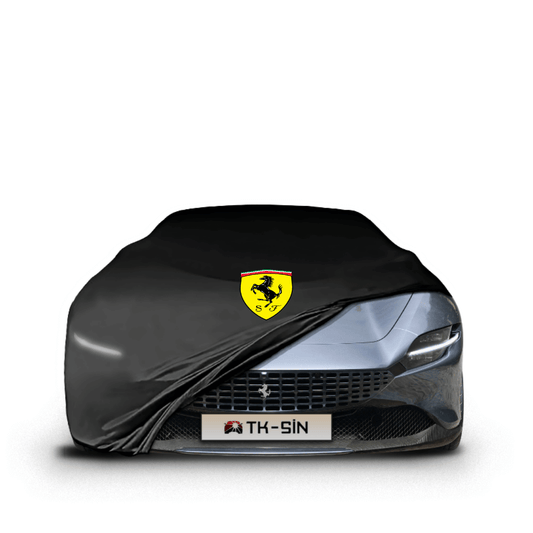 Ferrari Roma fitted with a bespoke indoor car cover in a UK garage