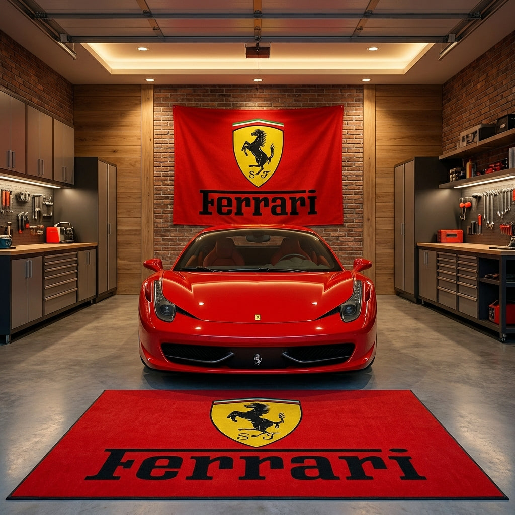 Large Ferrari Scuderia shield logo floor rug, 150x220cm, with non-slip backing, displayed in a high-end luxury garage beside a red sports car.