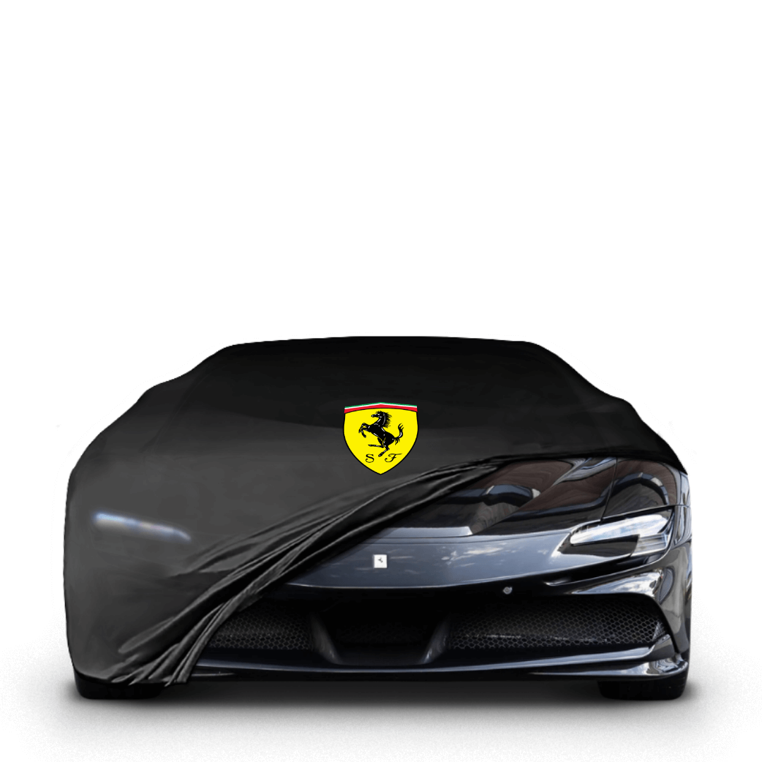 Ferrari SF90 Stradale fitted with a bespoke indoor car cover in a UK garage
