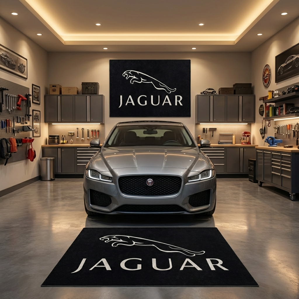 Jaguar Leaper logo premium workshop rug, 150x220cm, non-slip garage floor mat in a UK garage