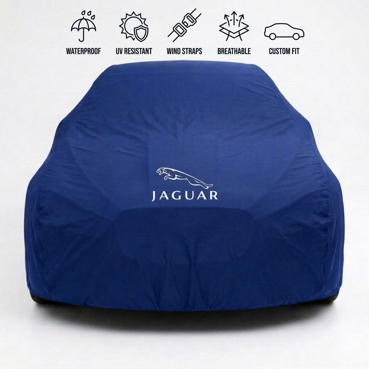 Jaguar outdoor car cover in blue with custom logo – waterproof and tailored fit