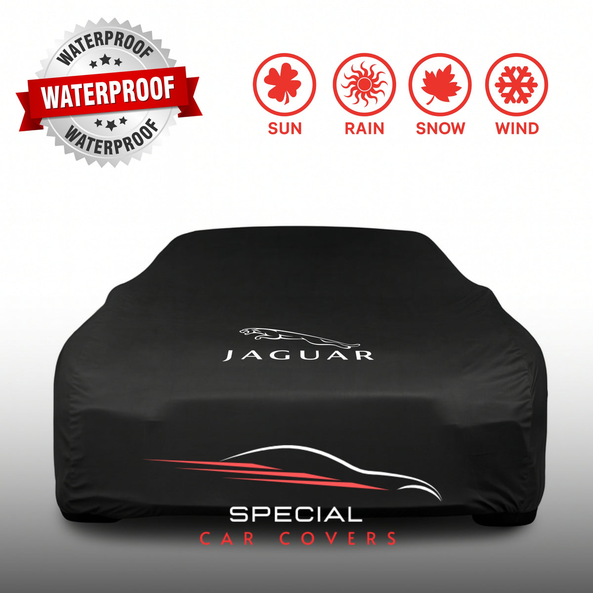 Jaguar fitted with a waterproof custom-fit outdoor car cover on a UK driveway