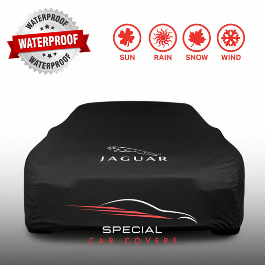 Jaguar fitted with a waterproof custom-fit outdoor car cover on a UK driveway