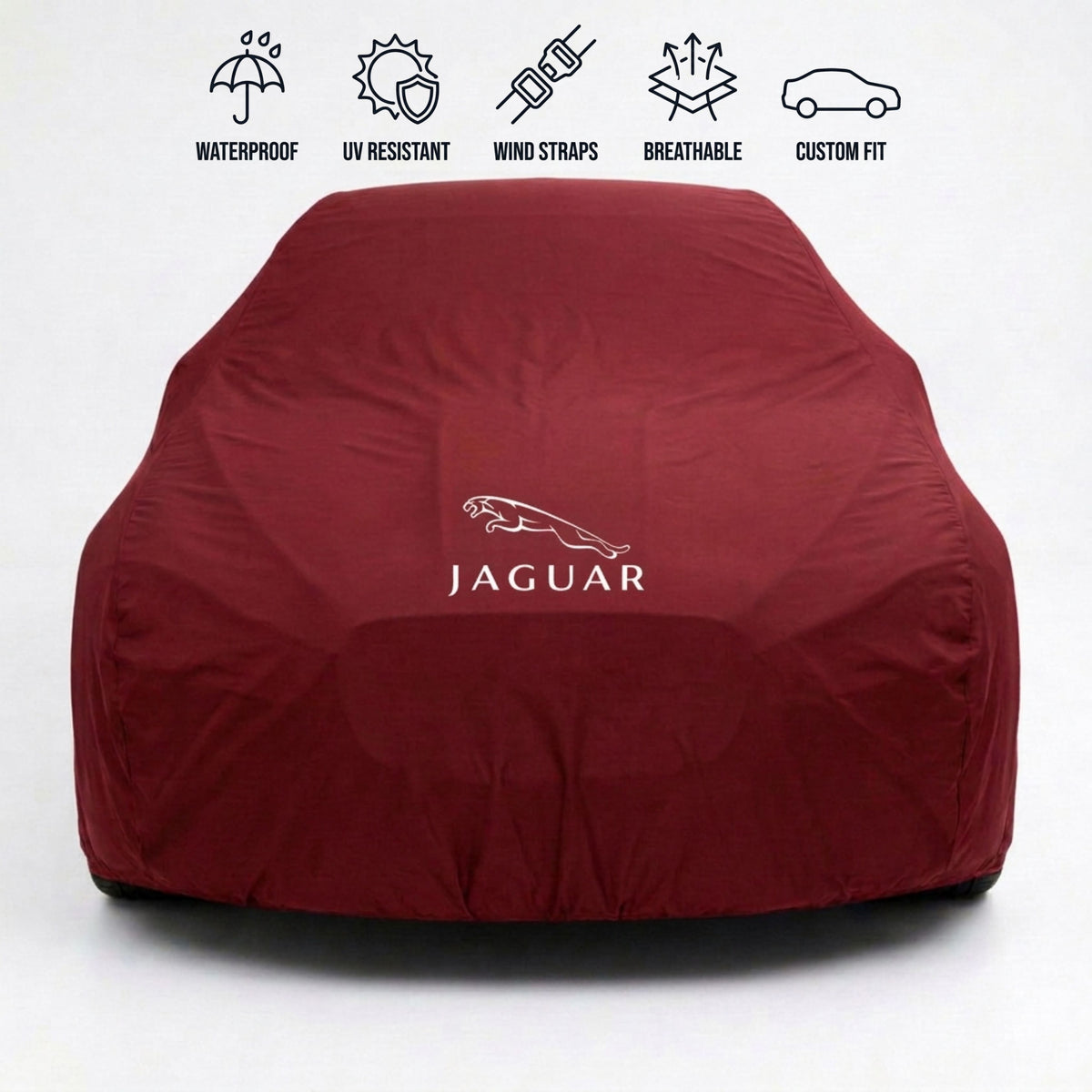 Jaguar outdoor car cover in red with custom logo – waterproof and tailored fit