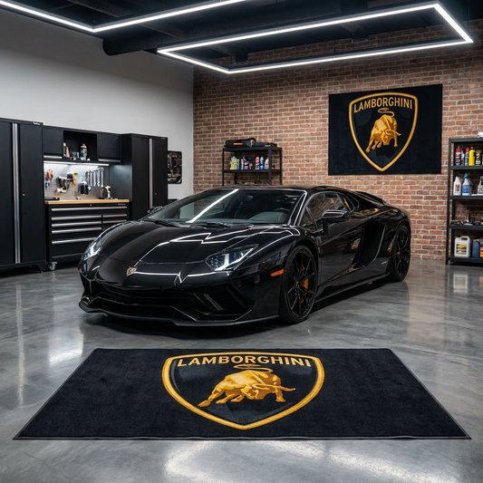 Large black and gold Lamborghini Raging Bull logo floor rug, 150x220cm, featuring a non-slip backing in a luxury car studio.