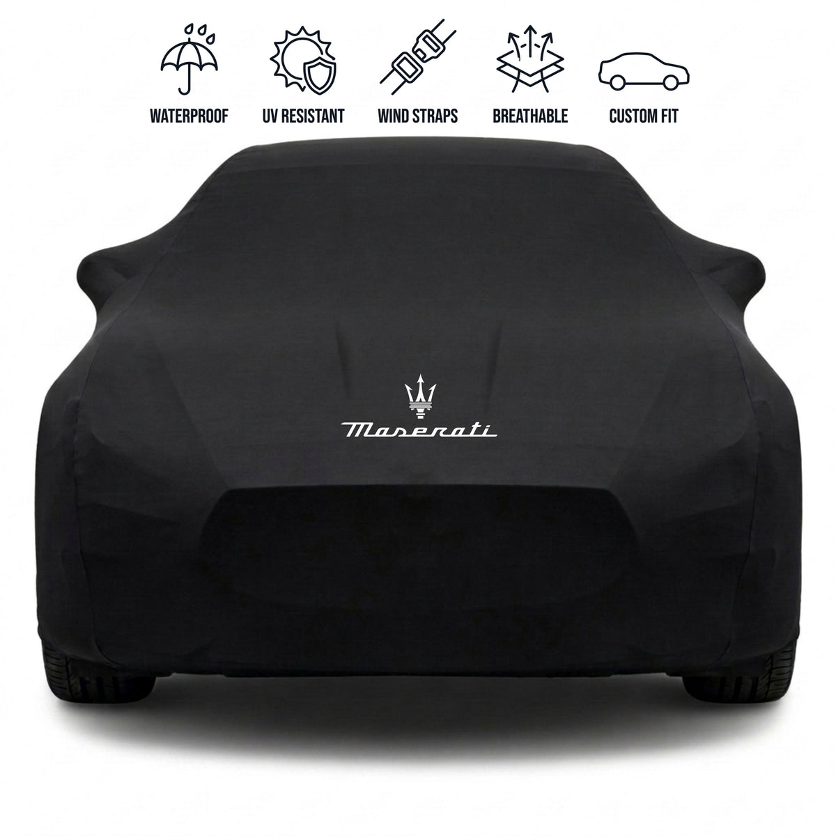 Maserati outdoor car cover in black with custom logo – waterproof and tailored fit