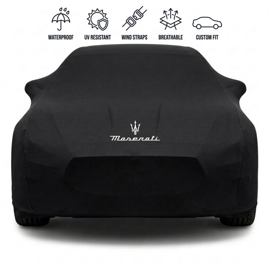 Maserati outdoor car cover in black with custom logo – waterproof and tailored fit