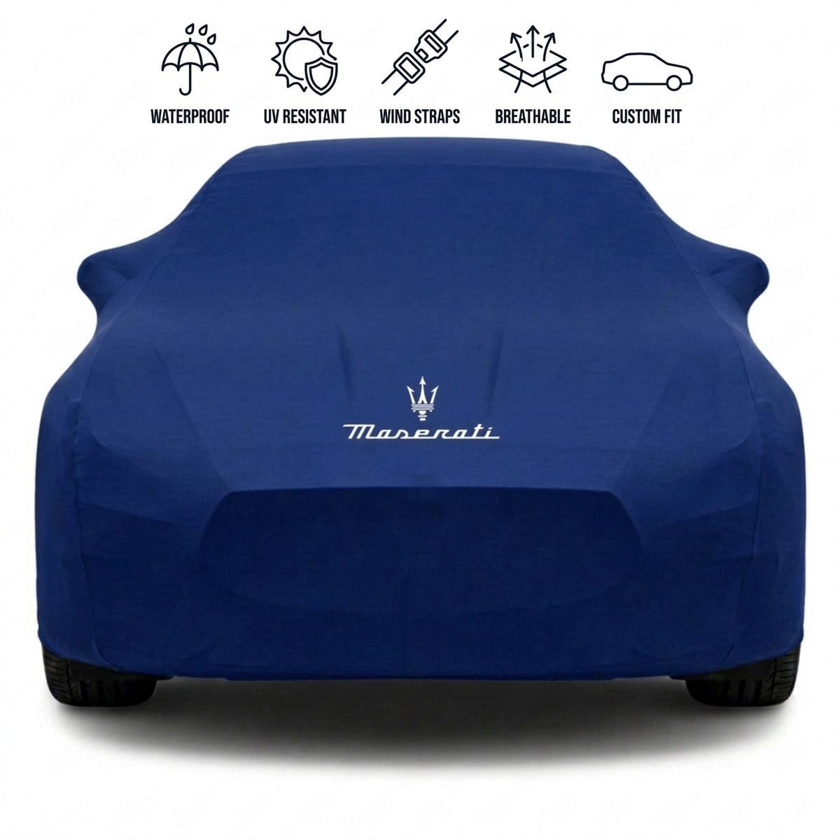 Maserati outdoor car cover in blue with custom logo – waterproof and tailored fit