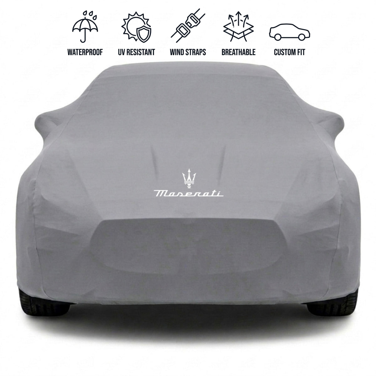 Maserati outdoor car cover in grey with custom logo – waterproof and tailored fit