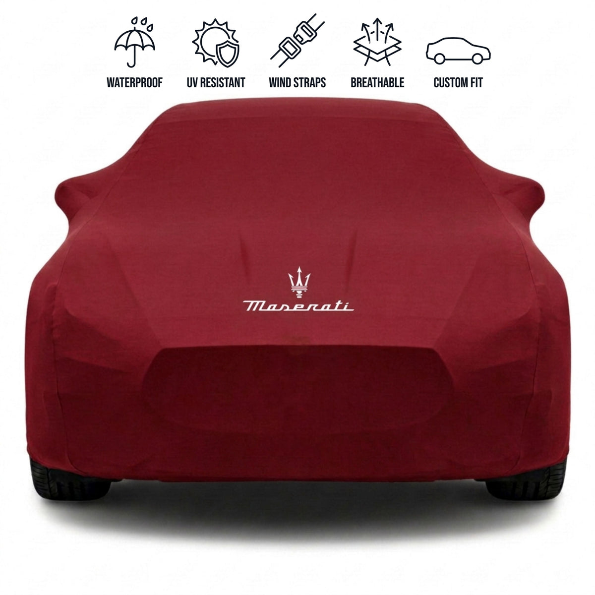 Maserati outdoor car cover in red with custom logo – waterproof and tailored fit