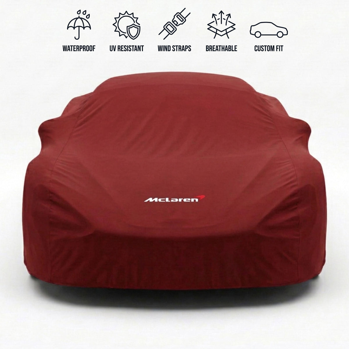 McLaren outdoor car cover in red with custom logo – waterproof and tailored fit