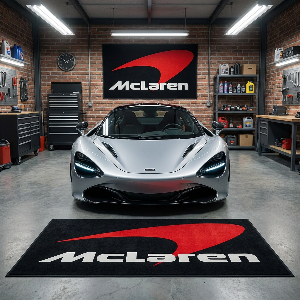 Large McLaren logo floor rug, 150x220cm, with non-slip backing, displayed in a clean, minimalist high-tech British garage environment.