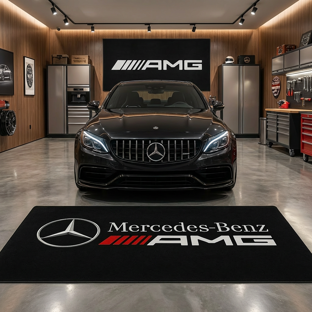 Large Mercedes-AMG logo floor rug, 150x220cm (approx. 5x7ft), with non-slip backing, displayed in a modern high-performance British garage.