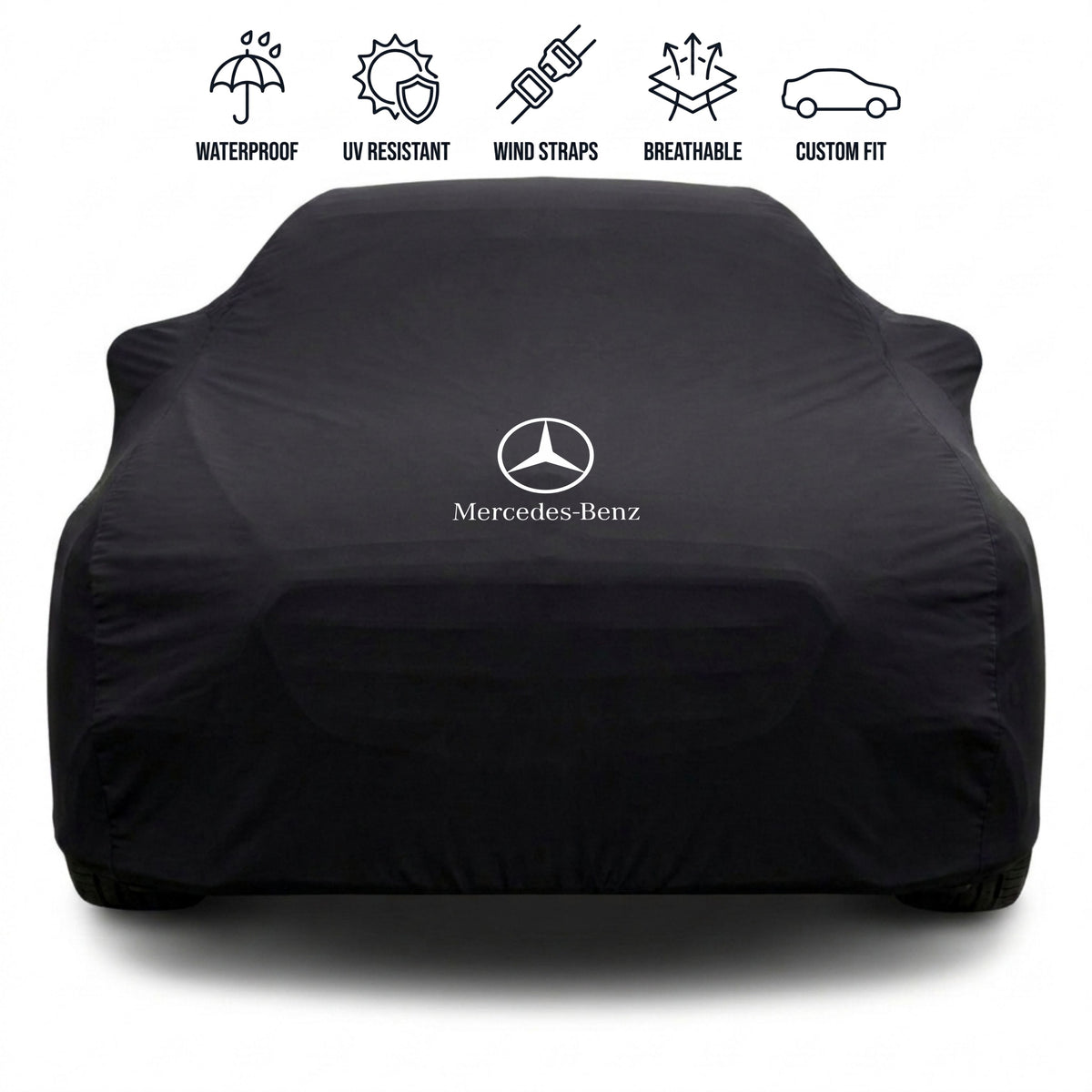 Mercedes-Benz outdoor car cover in black with custom logo – waterproof and tailored fit