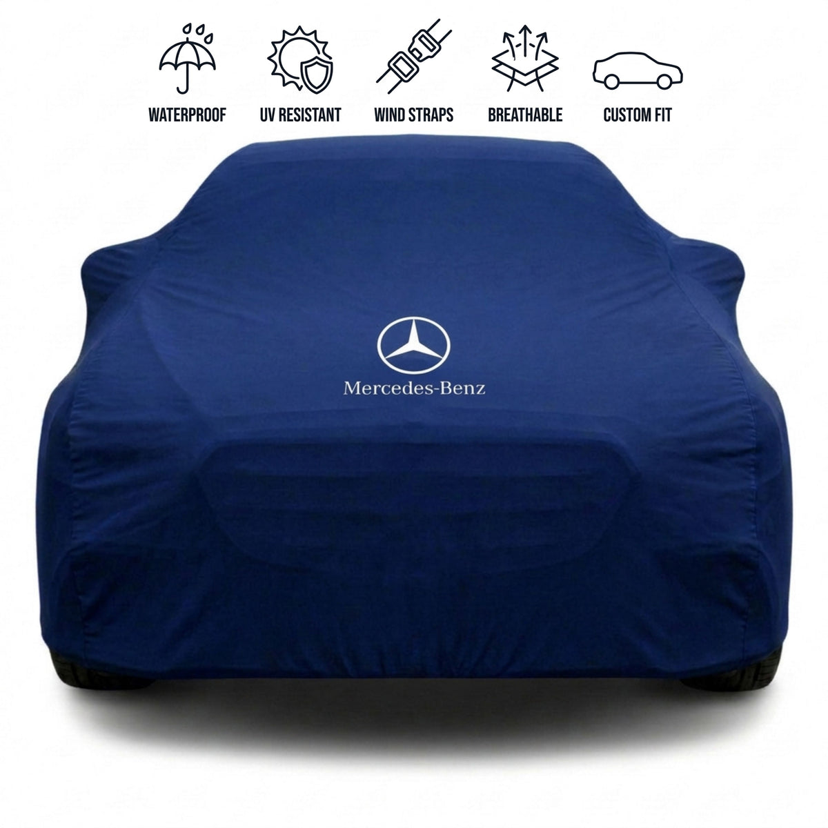 Mercedes-Benz outdoor car cover in blue with custom logo – waterproof and tailored fit