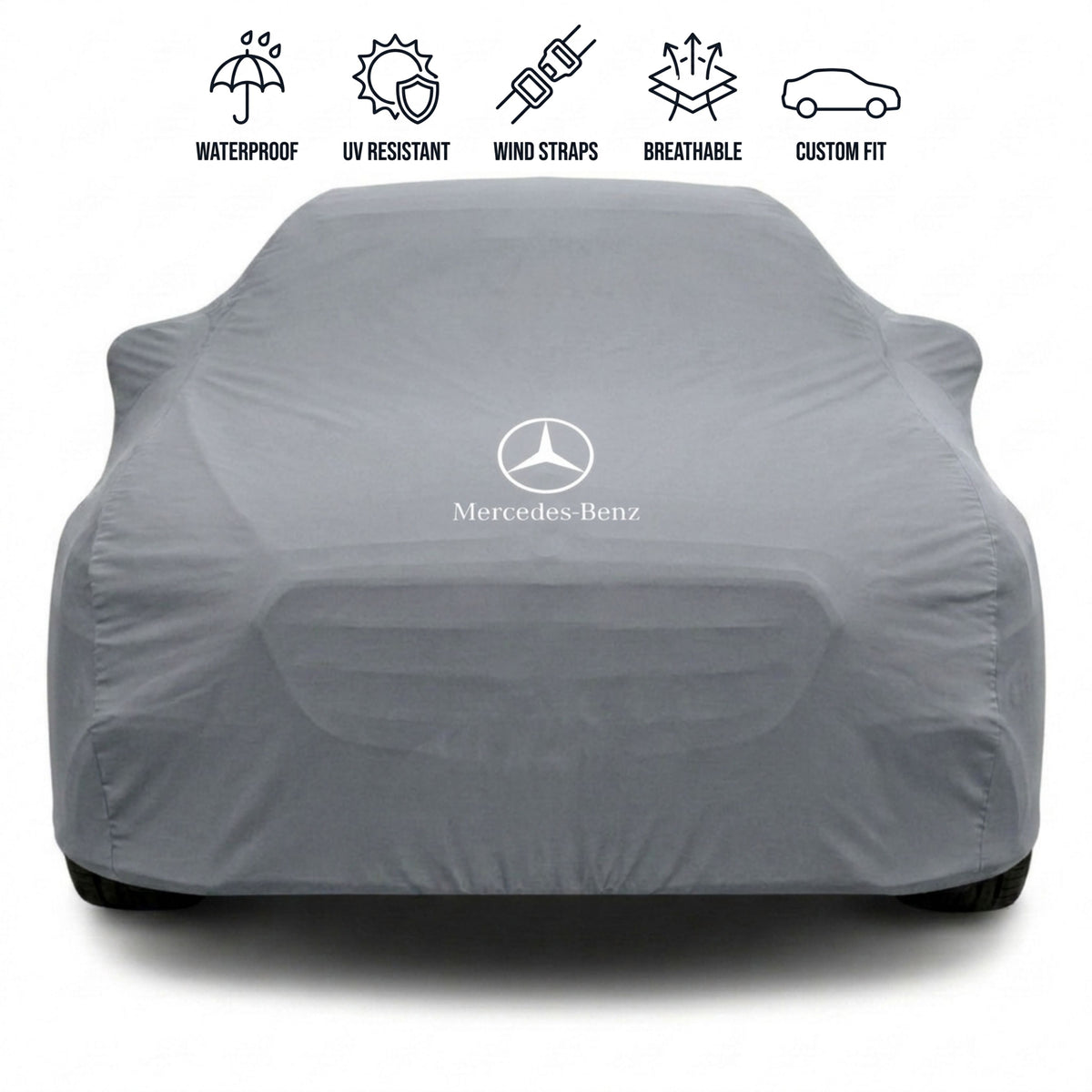 Mercedes-Benz outdoor car cover in grey with custom logo – waterproof and tailored fit