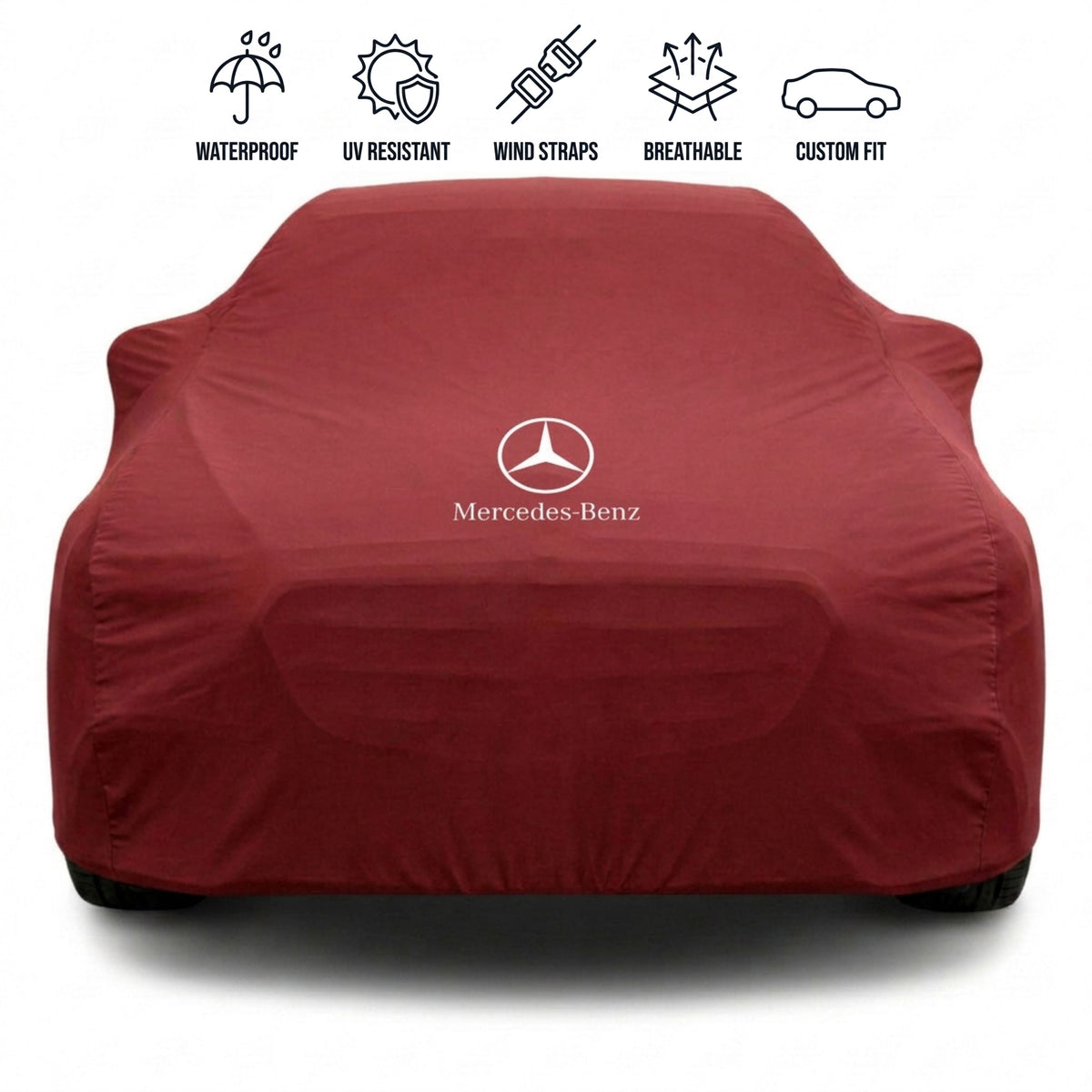 Mercedes-Benz outdoor car cover in red with custom logo – waterproof and tailored fit